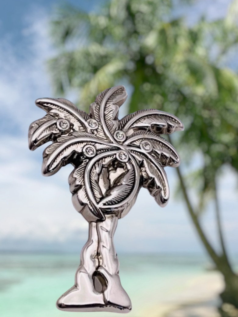 Statement Polished Silver Tone Palm Tree Brooch Pendant By Best